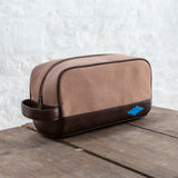 Hombre Washbag - Brown Leather and Sand Canvas with Blue stitching