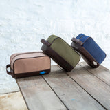 Hombre Washbag - Brown Leather and Navy Canvas with Cream Stitching