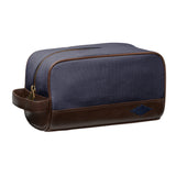 Hombre Washbag - Brown Leather and Navy Canvas with Navy Stitching