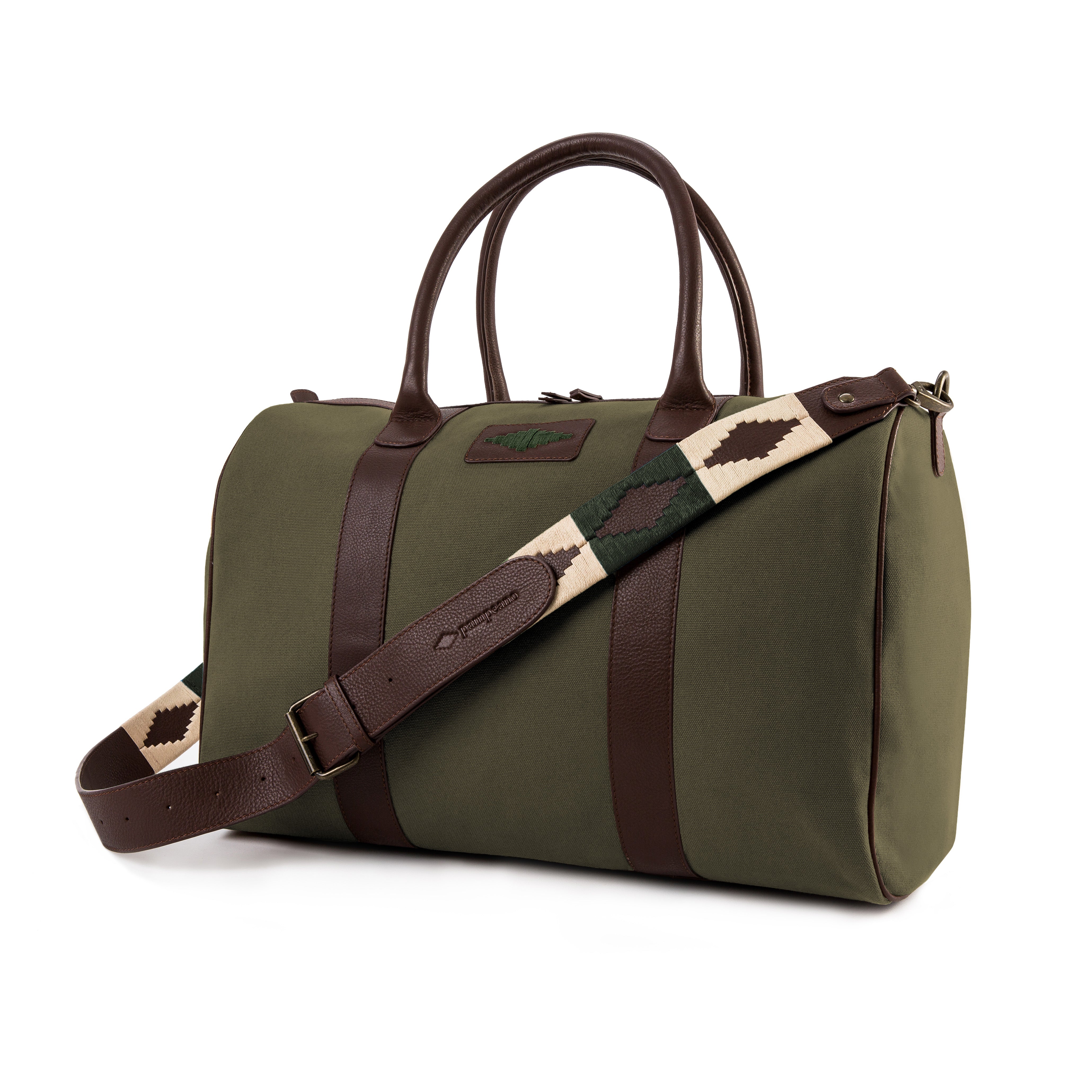 Varon Small Travel Bag - Brown Leather and Forest Canvas