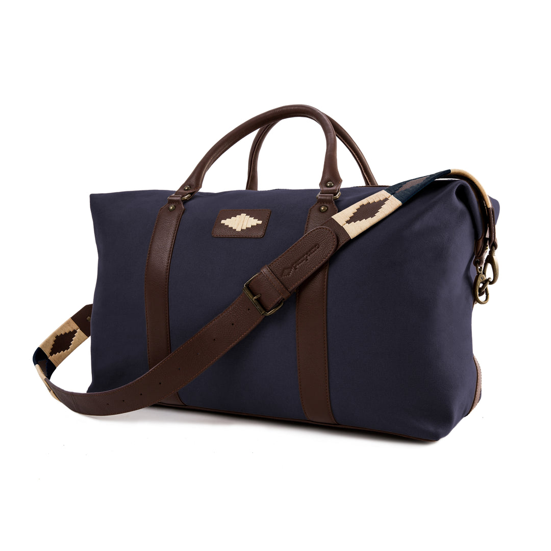 'Caballero' Large Travel Bag - Brown Leather and Navy Canvas - pampeano UK