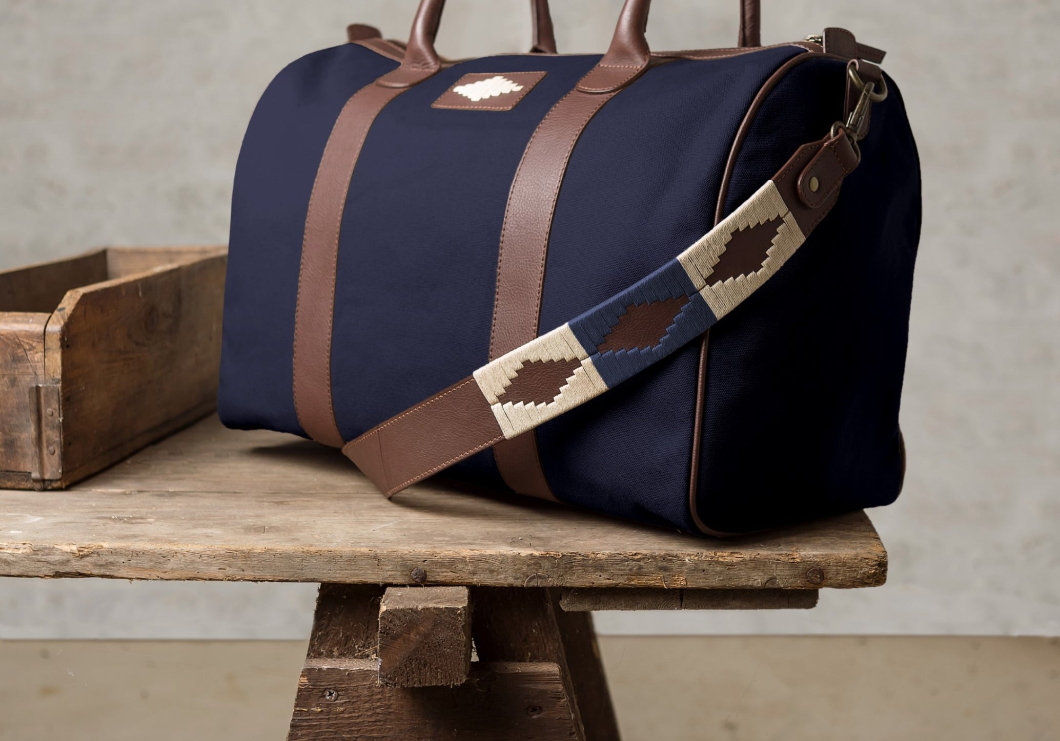 bag on wooden table