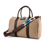Varon small travel bag - brown leather and sand canvas with blue stitching