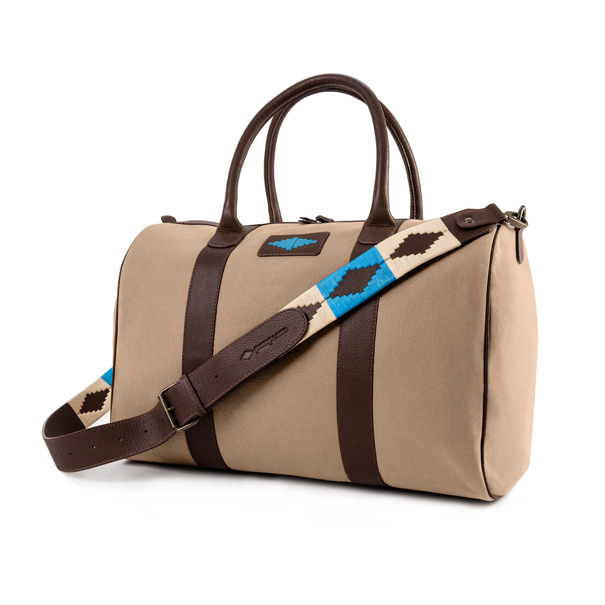 Varon small travel bag brown leather sand canvas stitching