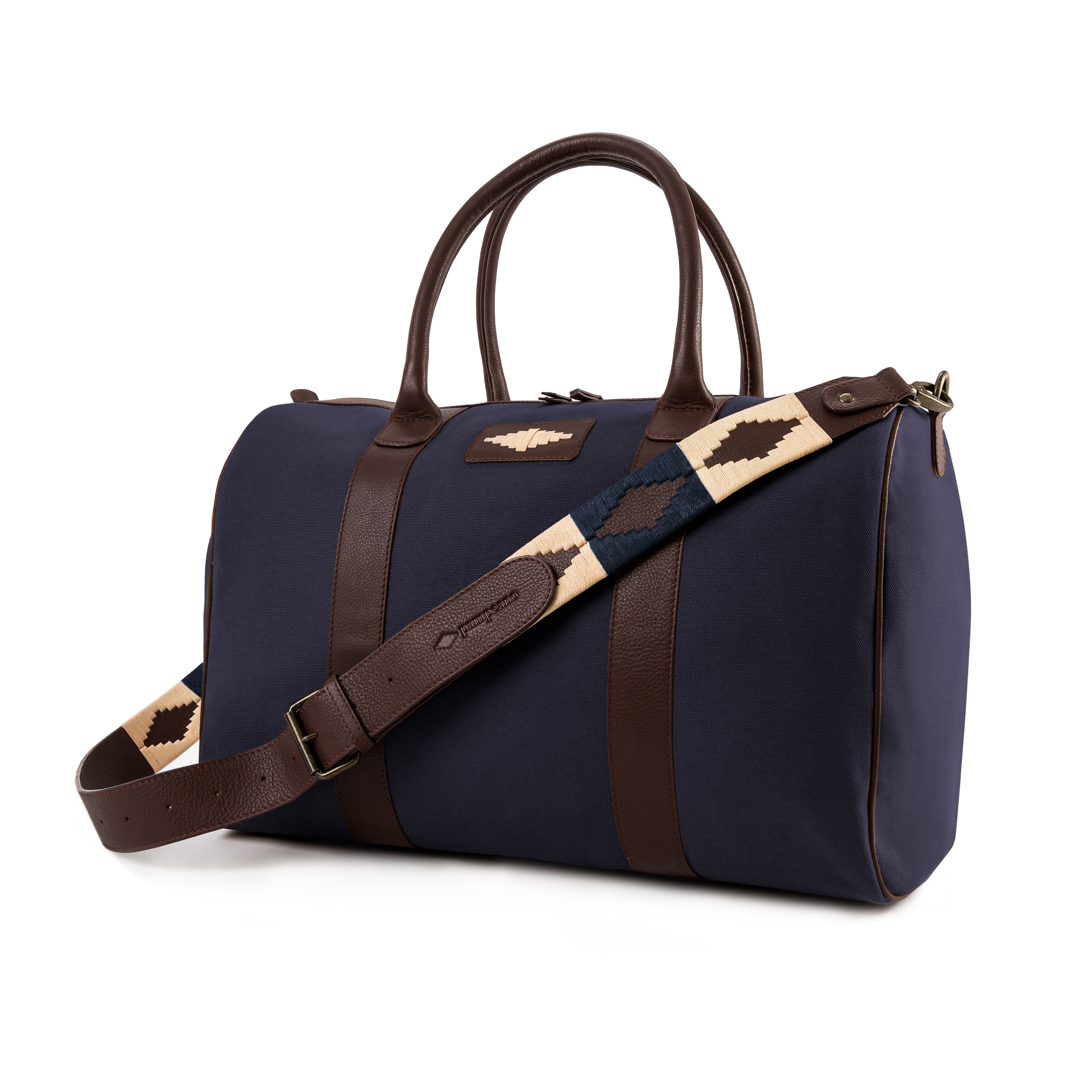 Varon small travel bag - brown leather and navy canvas with cream stitching