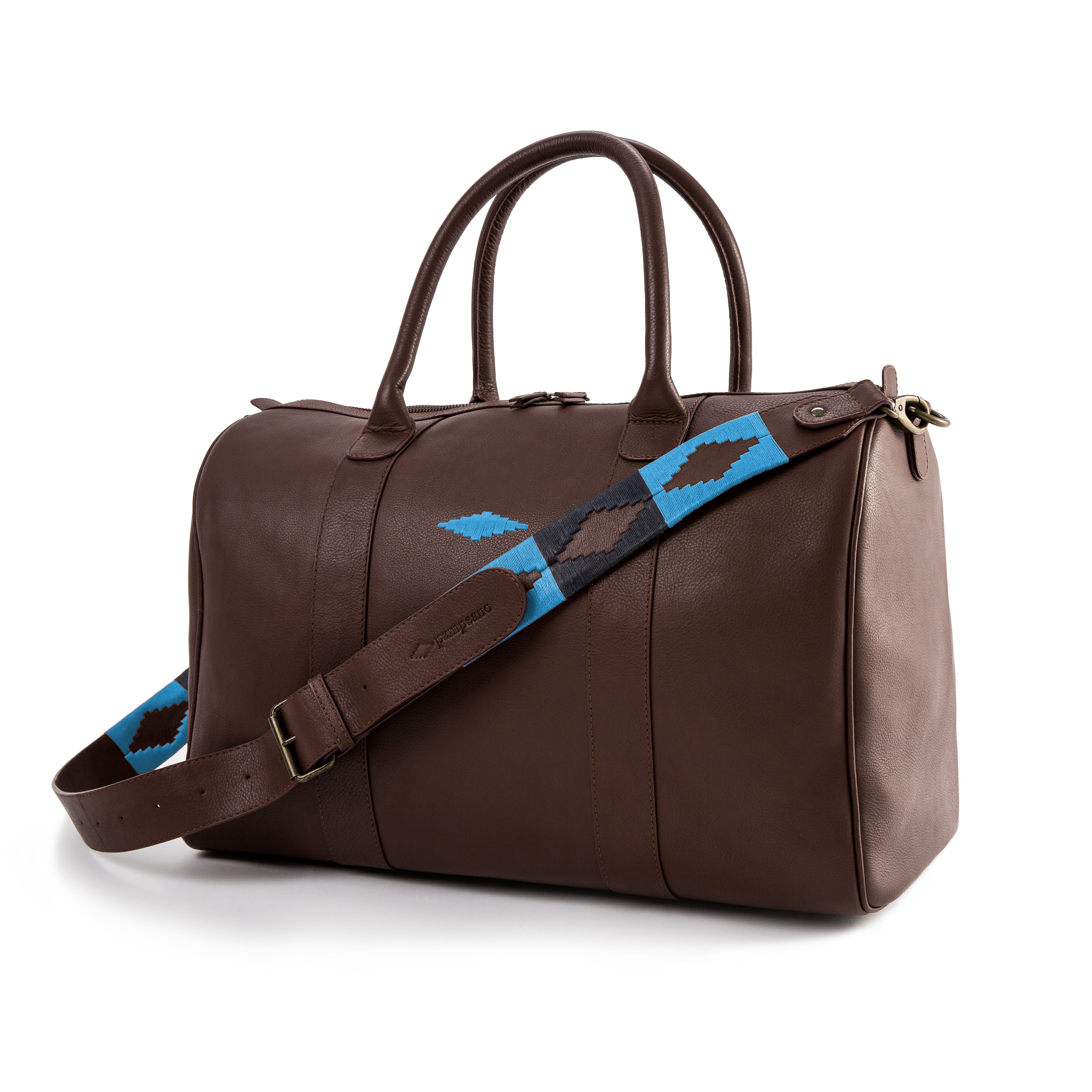 Varon small travel bag - brown leather with blue stitching