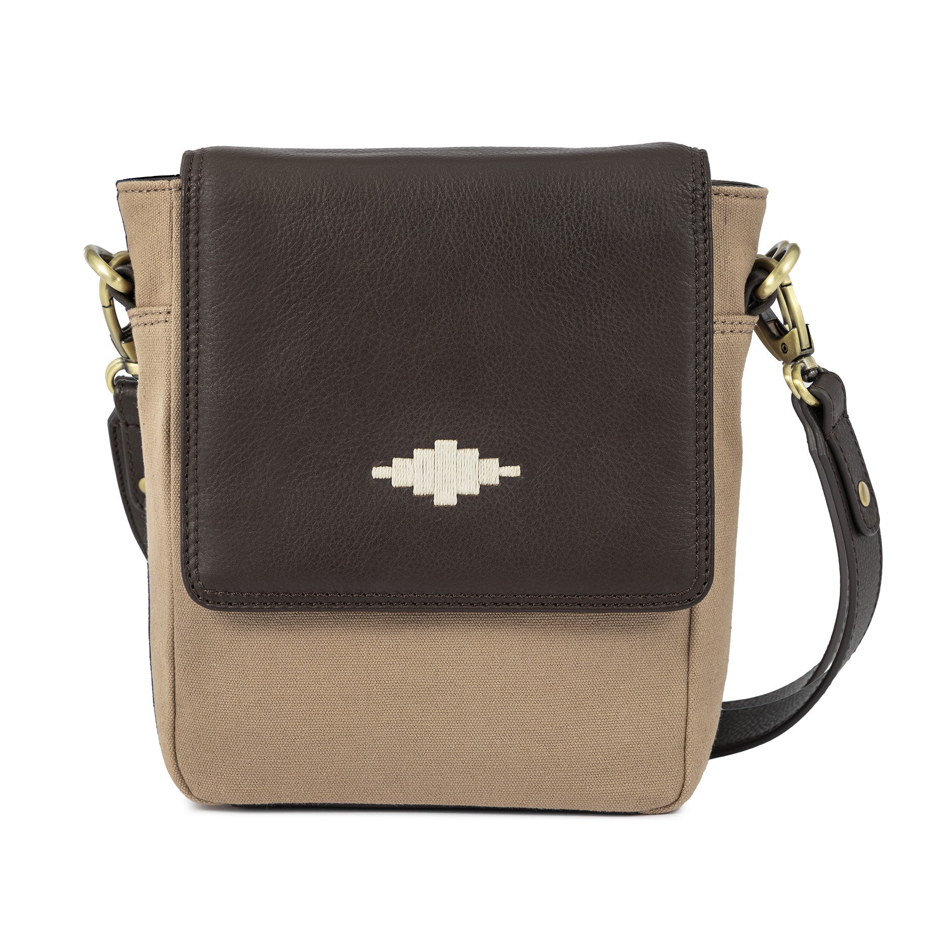 Bandolera Crossbody Bag - Brown Leather and Sand Canvas
