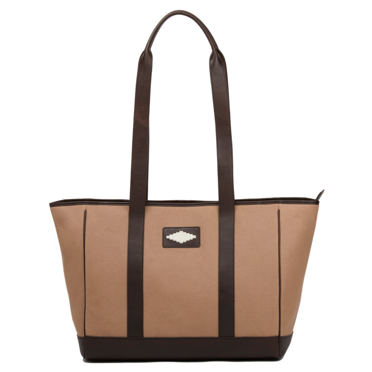 Bolso tote bag - brown leather and sand canvas with cream stitching