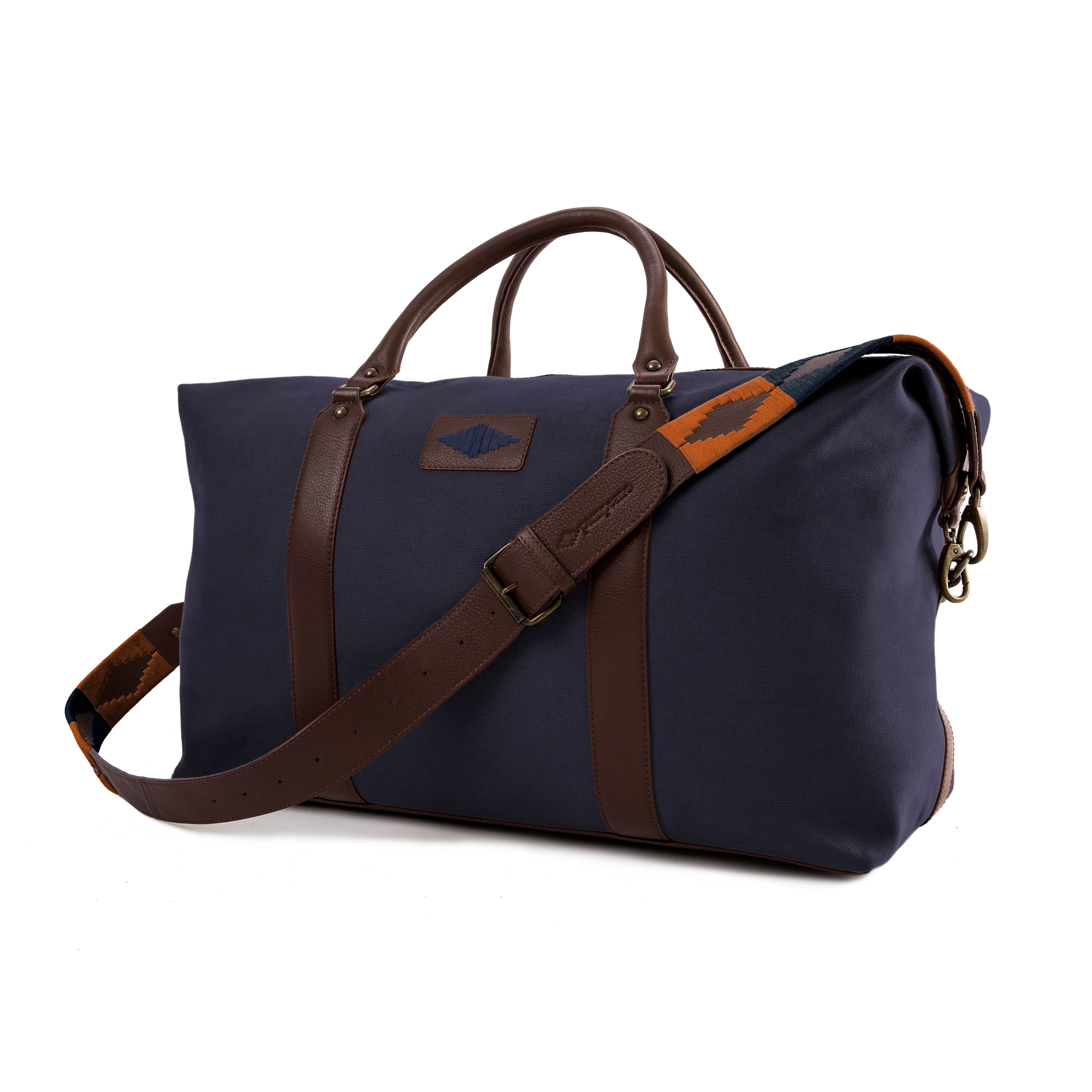 Caballero large travel bag - brown leather and navy canvas with navy stitching