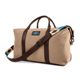 Caballero large travel bag - brown leather and sand canvas with blue stitching