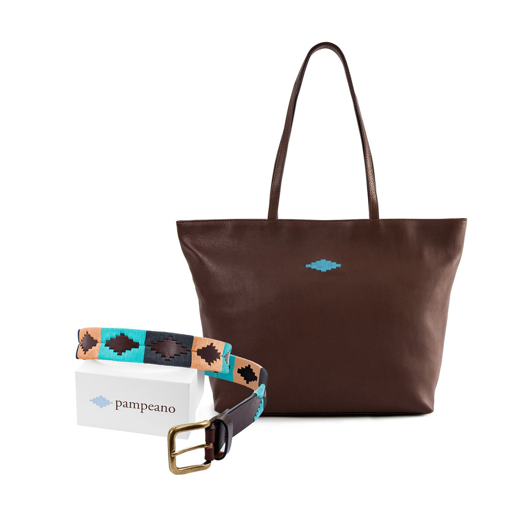 Auswahl zwischen einem beliebigen Pampeano-Ledergürtel und einer Trapecio-Damentasche - Geschenkpaket