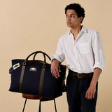 Caballero large travel bag - brown leather and navy canvas with cream stitching