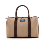 Varon small travel bag - brown leather and sand canvas with blue stitching