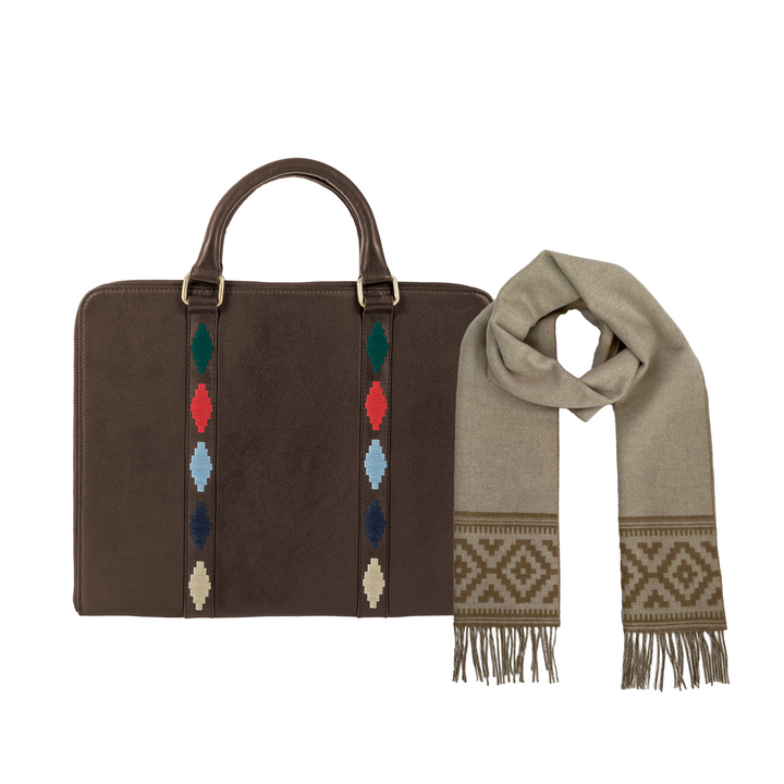 Clara Briefcase with Complimentary Azteca Scarf - Brown Leather