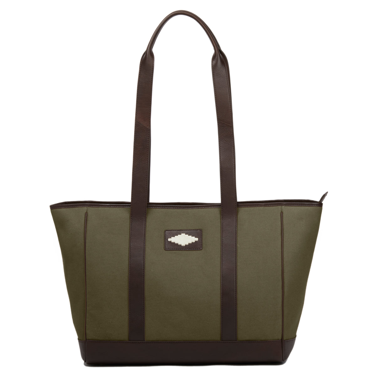 Bolso tote bag - brown leather and forest canvas with cream stitching