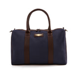 Varon small travel bag - brown leather and navy canvas with cream stitching