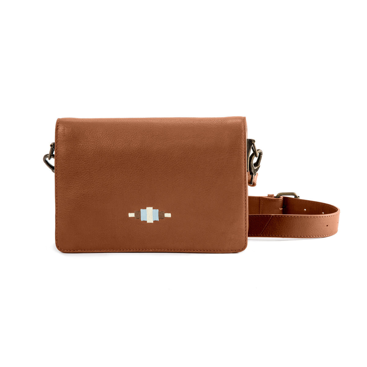 Estilo crossbody bag tan leather light blue light brown cream stitching