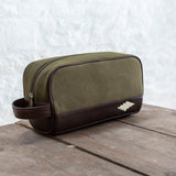 Hombre Washbag - Brown Leather and Forest Canvas with Cream Stitching