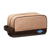 Hombre Kulturtasche – Braunes Leder und Sand-Canvas mit blauen Nähten