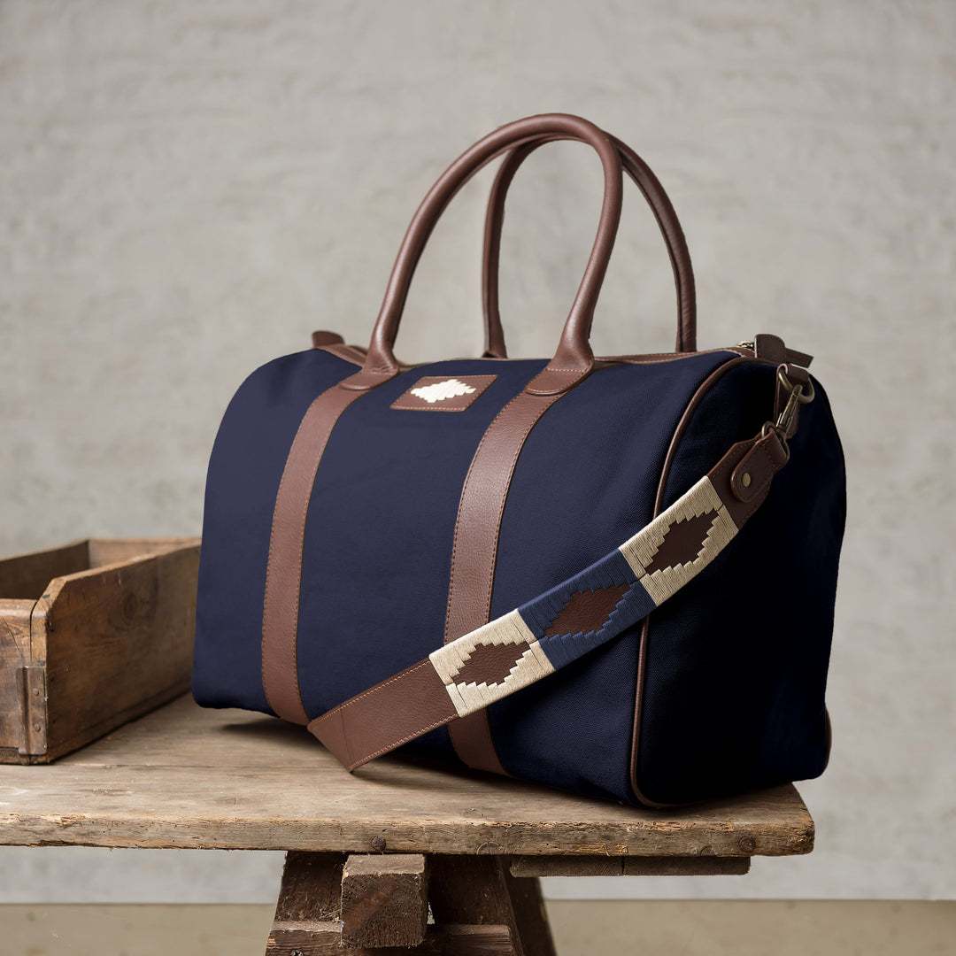 'Varon' Small Travel Bag - Brown Leather and Navy Canvas - pampeano UK