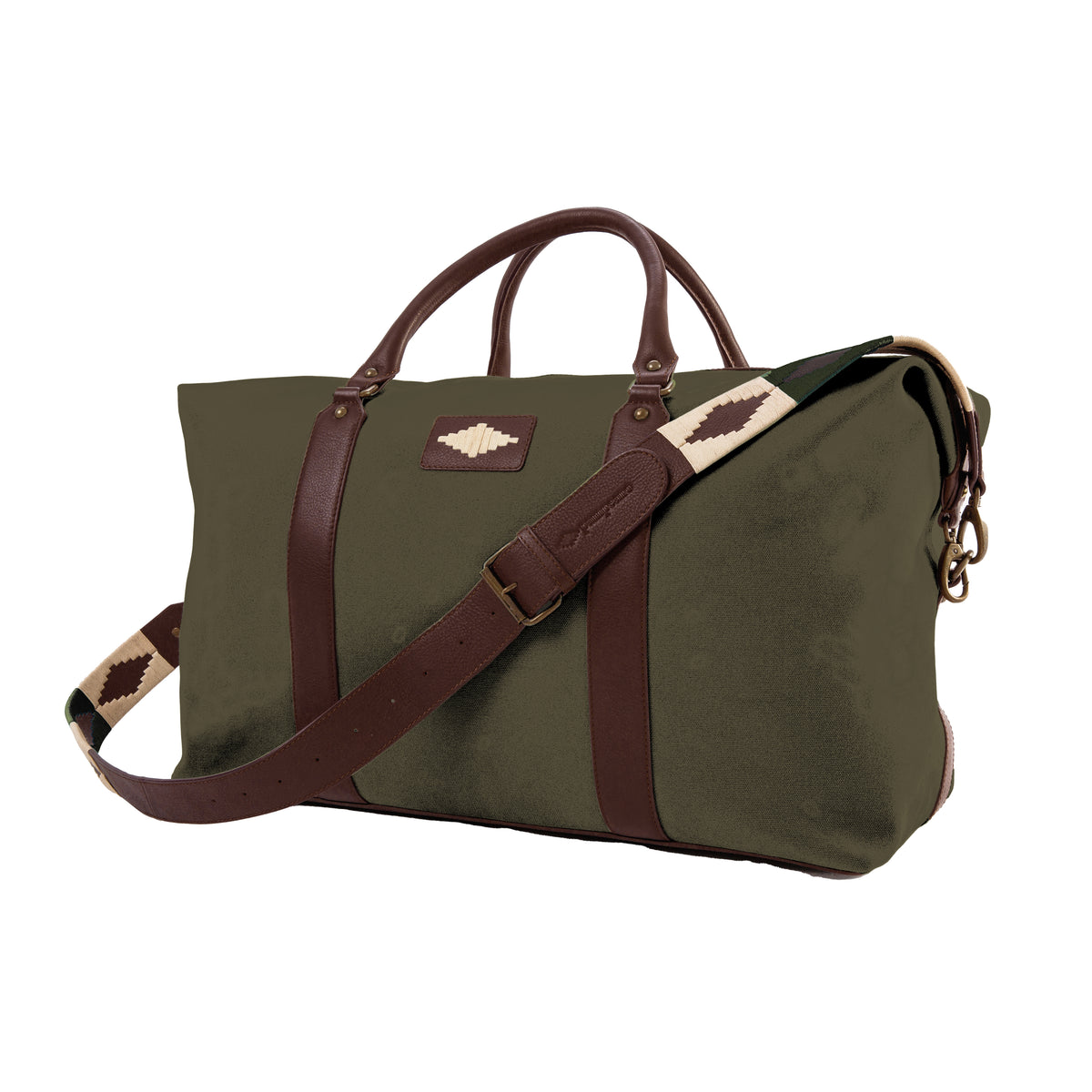 Caballero large travel bag - brown leather and forest canvas with cream stitching