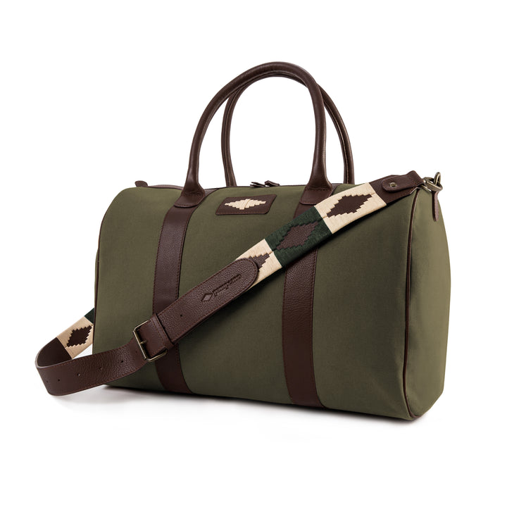 Varon Small Travel Bag - Brown Leather and Forest Canvas