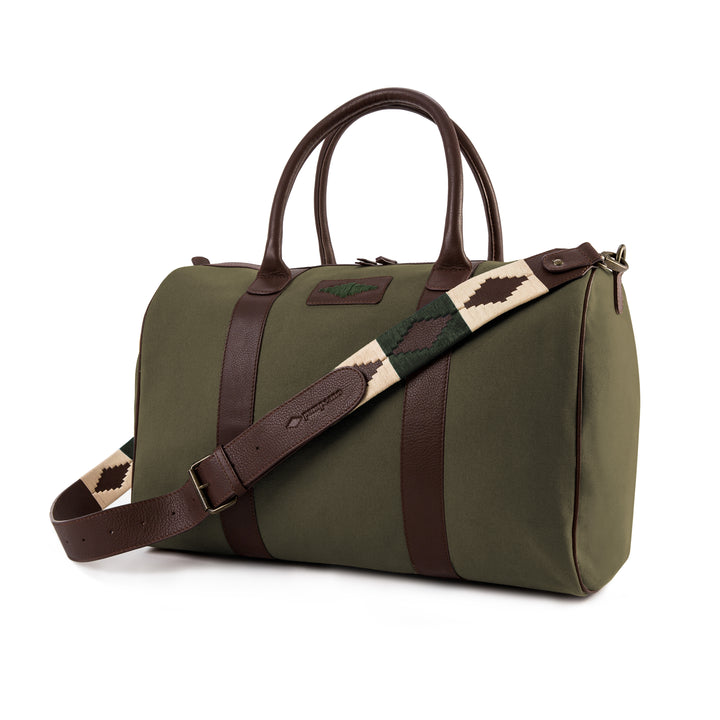 Varon Small Travel Bag - Brown Leather and Forest Canvas