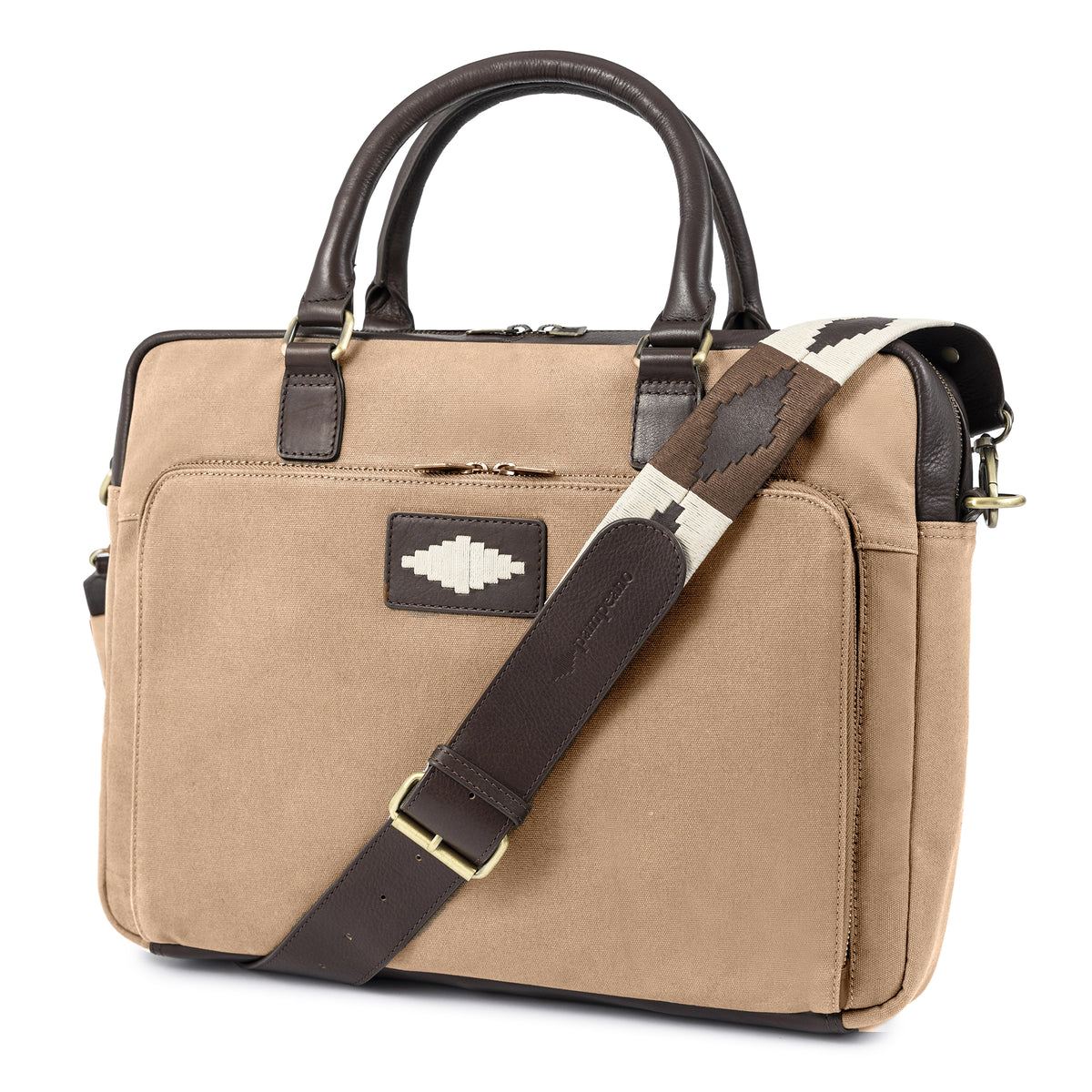 Mensajero briefcase - brown leather and sand canvas with cream stitching
