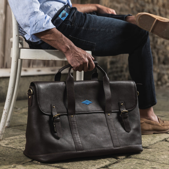 Escapada Holdall Travel Bag - Brown Leather with Blue Stitching