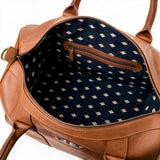 Varon small travel bag - tan leather with light blue, light brown and cream stitching