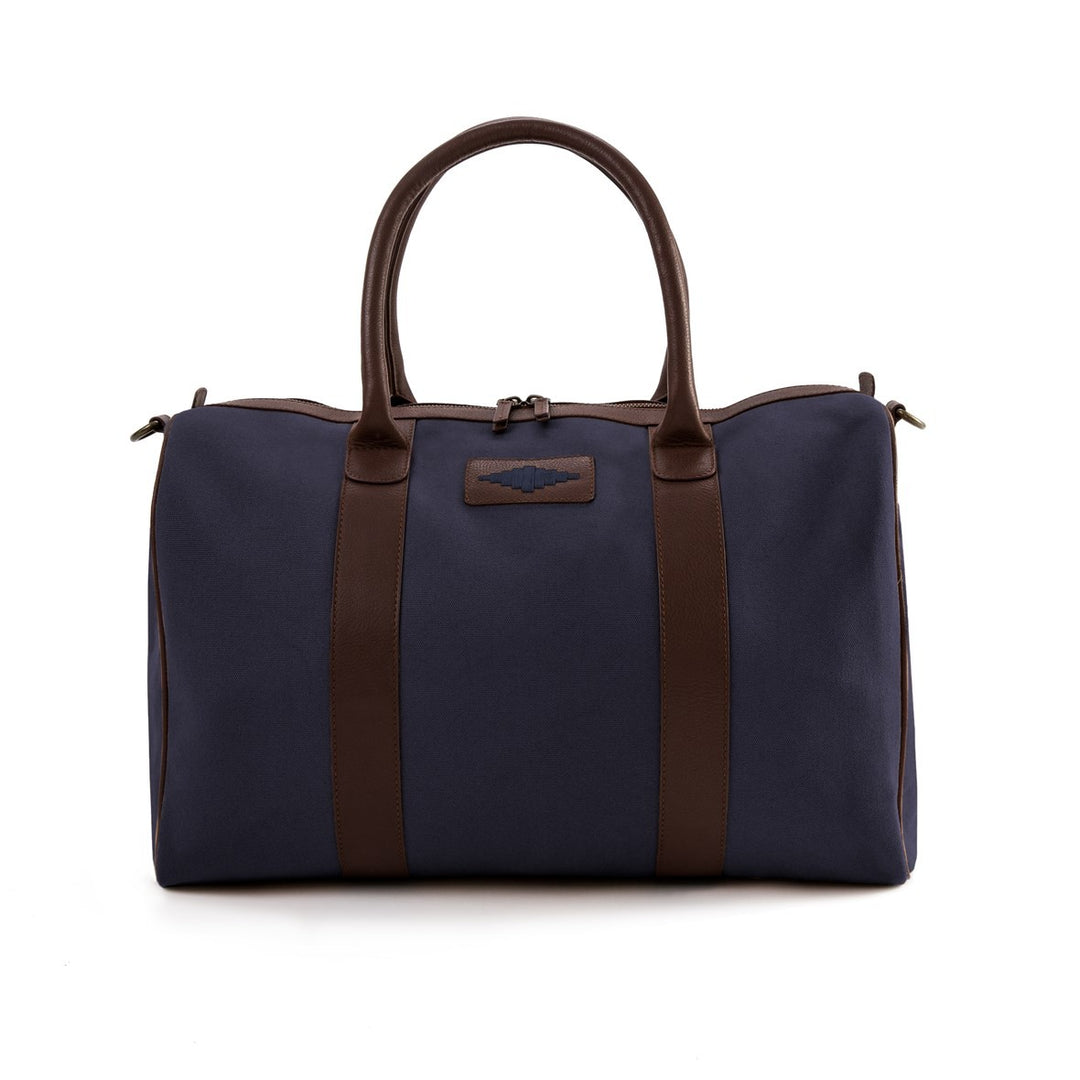 'Varon' Small Travel Bag - Brown Leather and Navy Canvas - pampeano UK