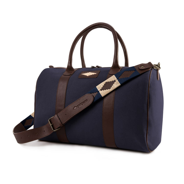 'Varon' Small Travel Bag - Brown Leather and Navy Canvas - pampeano UK