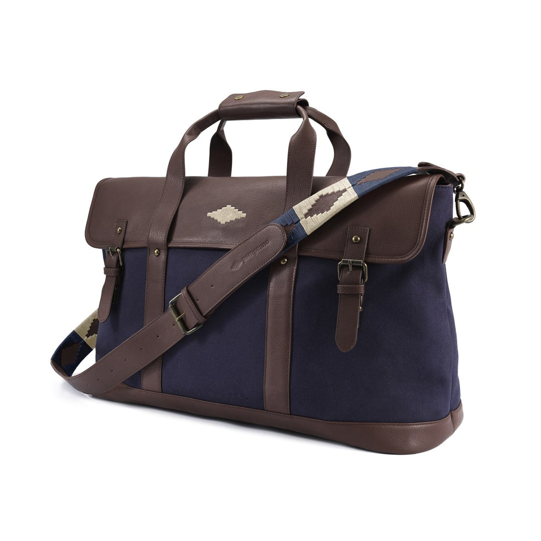 Escapada Holdall Travel Bag - Brown Leather and Navy Canvas - pampeano UK